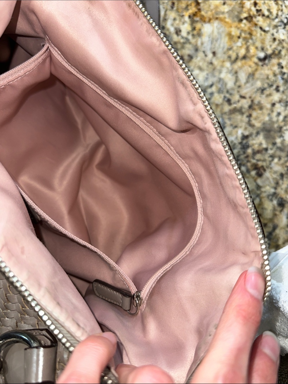 Coach Kristen Woven Leather Shoulder Satchel in Taupe Gray with pink interior - Picture 12 of 16